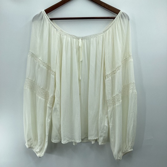 Jolt Cream Flowy Lace Trim Peasant Women's Blouse - Picture 2 of 10
